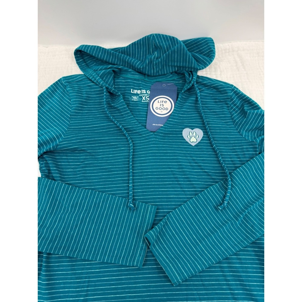 New Life is Good Crusher-Lite Hoodie Womens XS Teal Striped Paw Print Heart